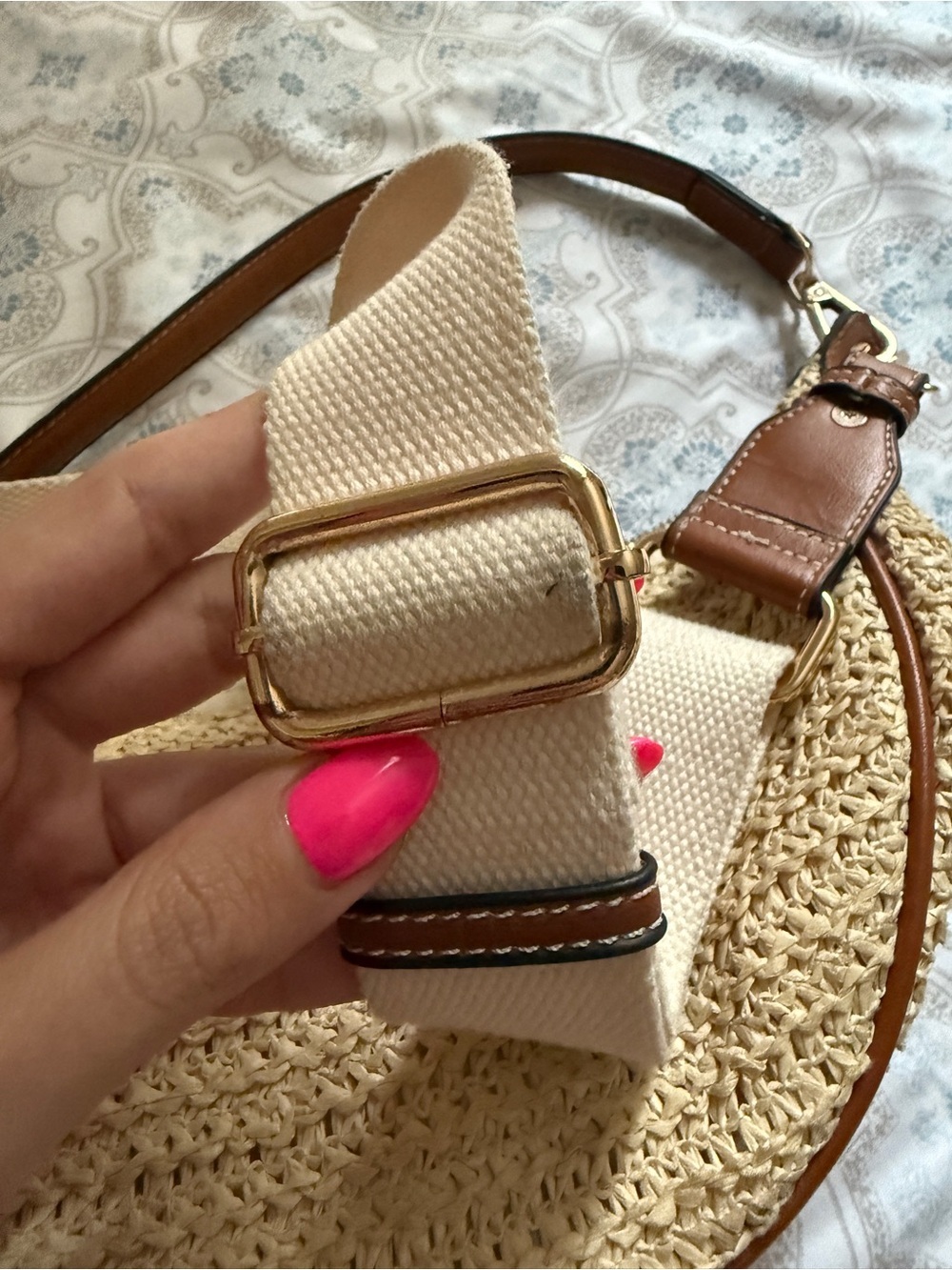 Woven Crescent Crossbody Bag in Cream with Tan Trim - Picture 6 of 8
